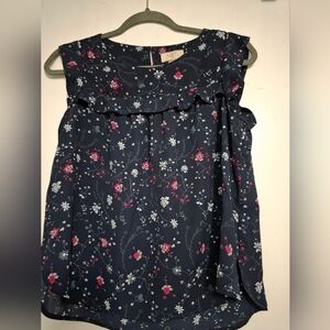 Loft Navy Floral Ruffle Yoke Shirt